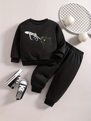 Skull Kitty Graphic Halloween Outfit Baby Boy Casual Set
