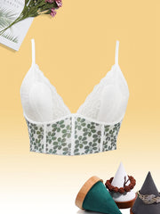 Floral Print Lace Bustier Semi Sheer Bra Cami Top