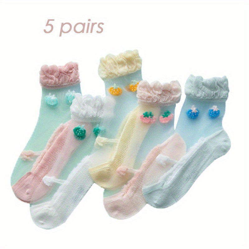 5 Pairs Kids Ice Stockings Ultra-thin Mesh Crystal Socks Cotton Strawberry Lace