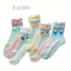 5 Pairs Kids Ice Stockings Ultra-thin Mesh Crystal Socks Cotton Strawberry Lace