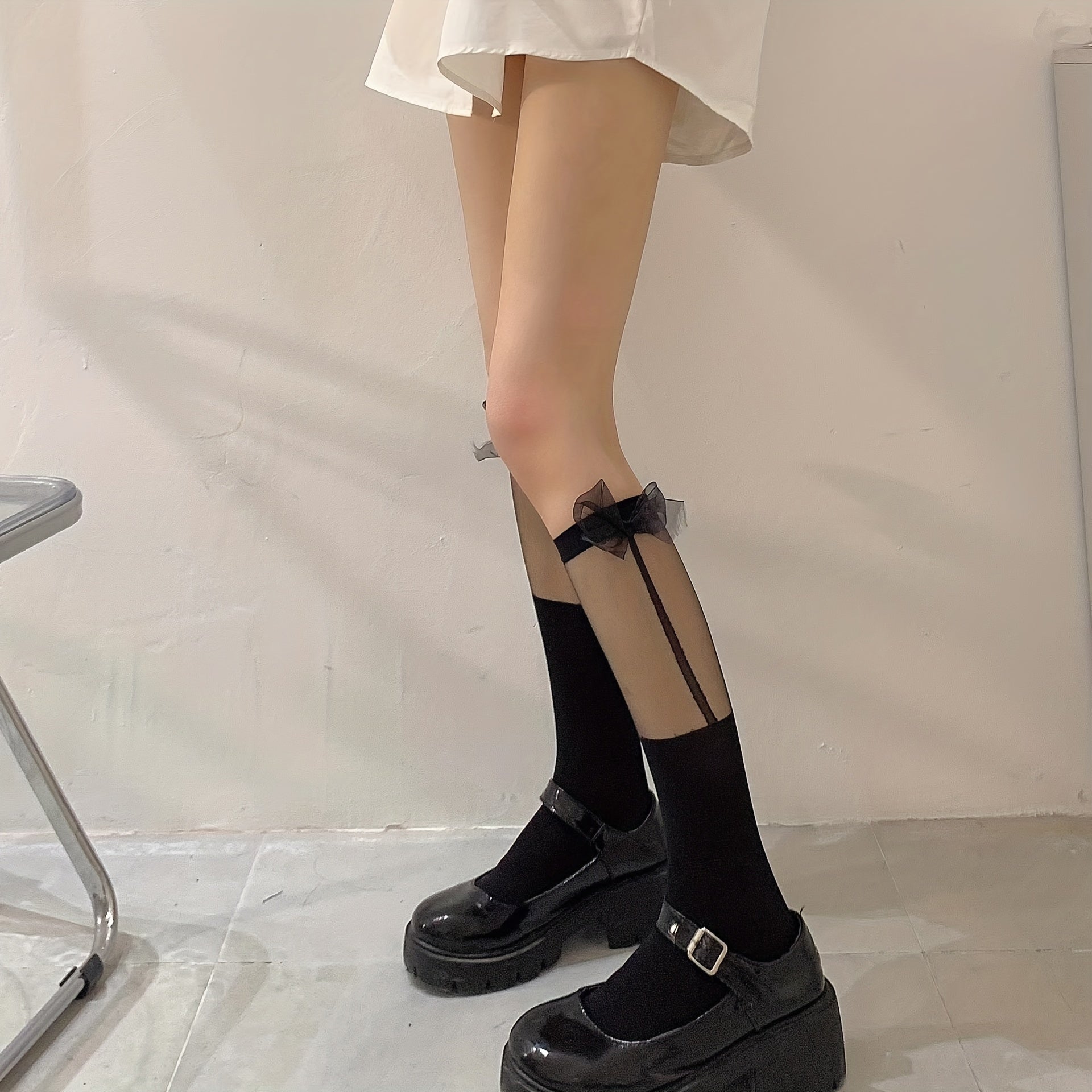 2 Pairs Mesh Calf Socks & Bow Knee High Stockings