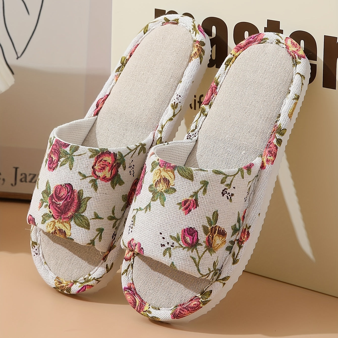Floral Print Flat Slippers Open Toe Lightweight Casual Slides
