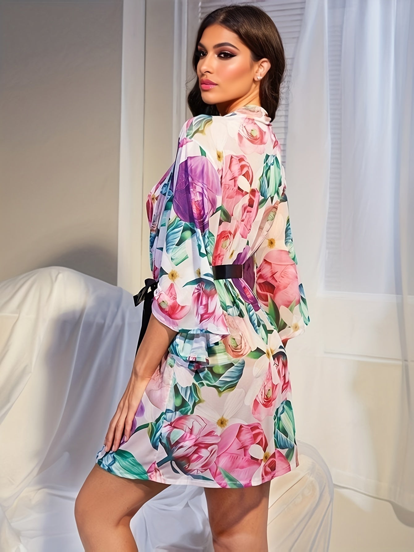 Leopard Print Night Robe V Neck Wide Sleeve Belt Sleepwear