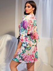 Leopard Print Night Robe V Neck Wide Sleeve Belt Sleepwear