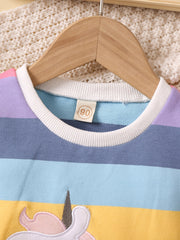 Baby Girls Pullover Rainbow Striped Unicorn Embroidered Sweatshirt