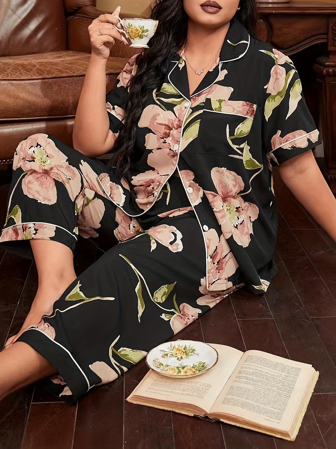 Floral Pajama Set Short Sleeve Button Up Plus Size Loungewear
