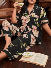 Floral Pajama Set Short Sleeve Button Up Plus Size Loungewear