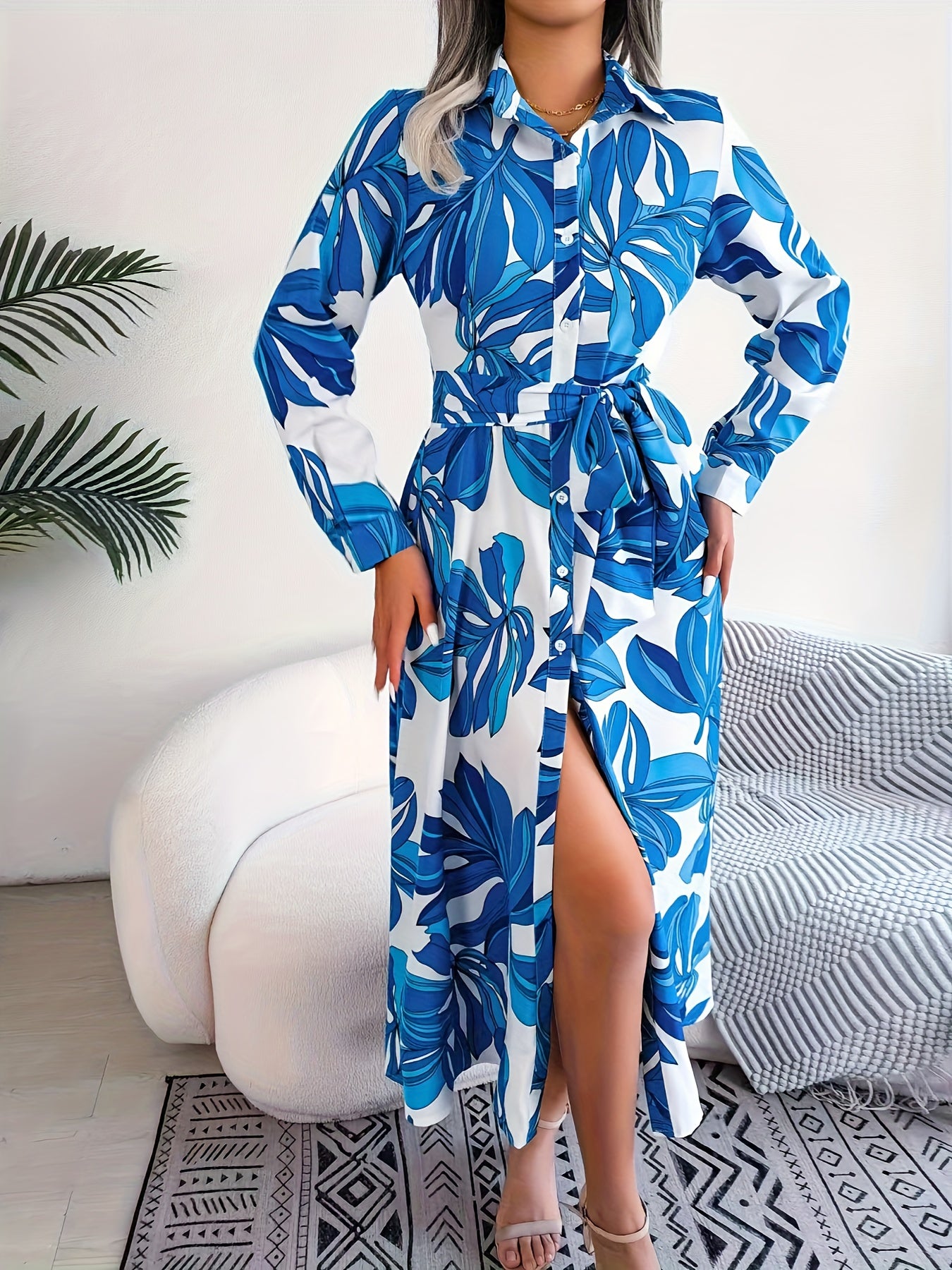 Tropical Print Long Sleeve Maxi Shirt Dress