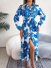 Tropical Print Long Sleeve Maxi Shirt Dress