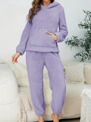 Women's Solid Flannel Pajama Set Hooded Top & Pants