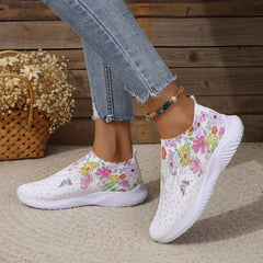Women's Flower Pattern Slip-On Sneakers, Breathable Knit Low Top Shoes