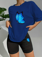 Butterfly Print Lounge Set Short Sleeve Crew Neck Top & Elastic Waistband Shorts