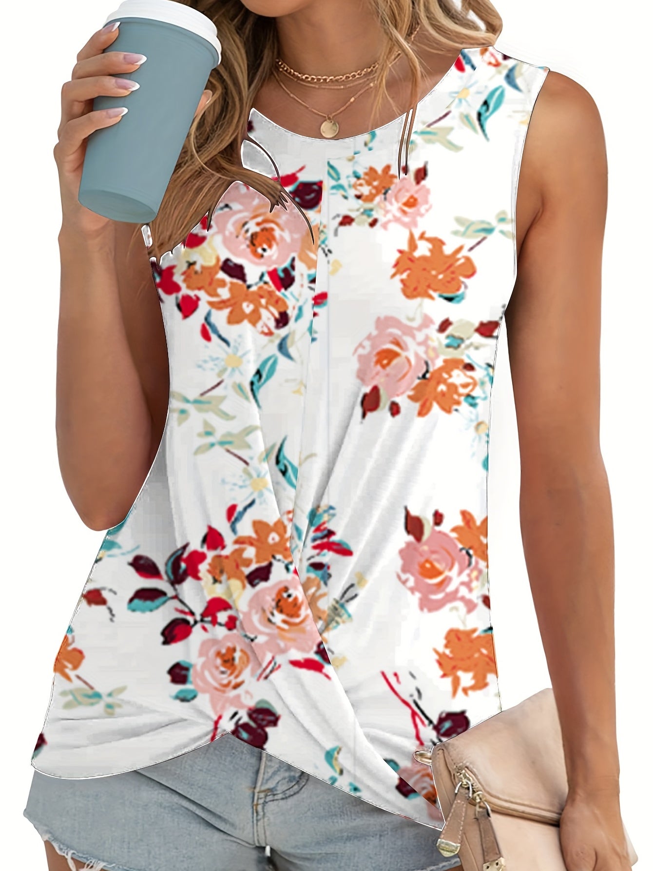 Floral Tank Top Twist Front Sleeveless Summer Casual Wear