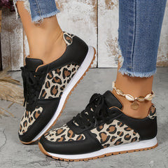 Leopard Print Lace Up Flat Sneakers Women's Non Slip Shoes
