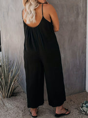Casual Cami Jumpsuit Solid Round Neck Wide Leg With Pockets