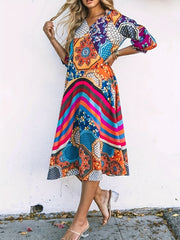 Boho Dress Women's Plus Geo Print Half Sleeve V Neck Stretch Dress