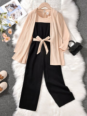 3pcs Girls Ribbed Cotton Solid Jumpsuit Apricot Jacket Sets