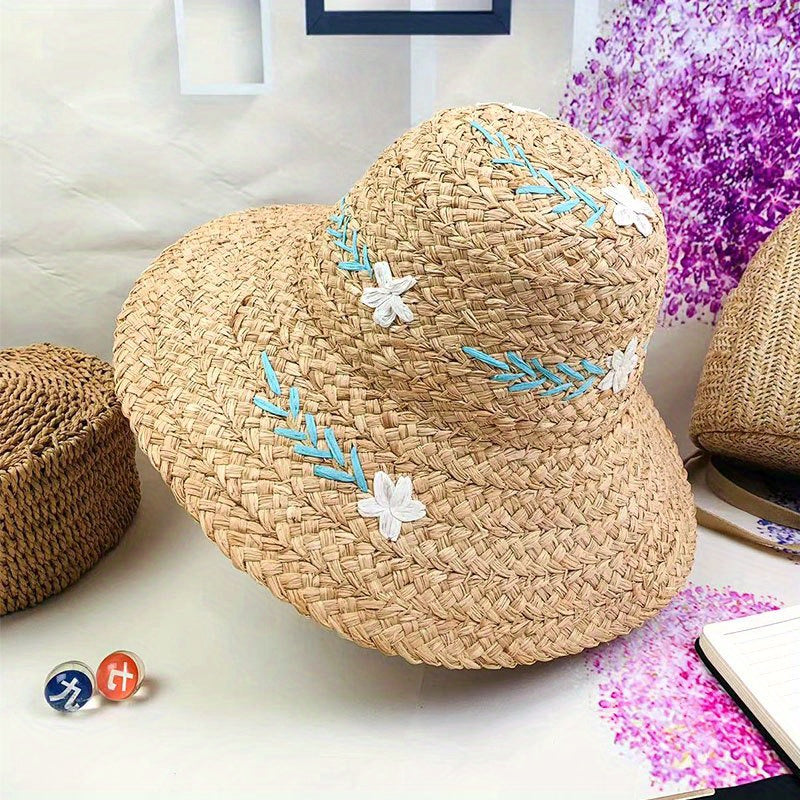Vintage Flower Embroidery Khaki Bucket Hat Sun Hat