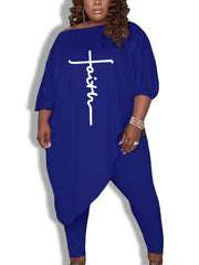 Women's Plus Letter Print Top & Pants 2pcs Outfits Set