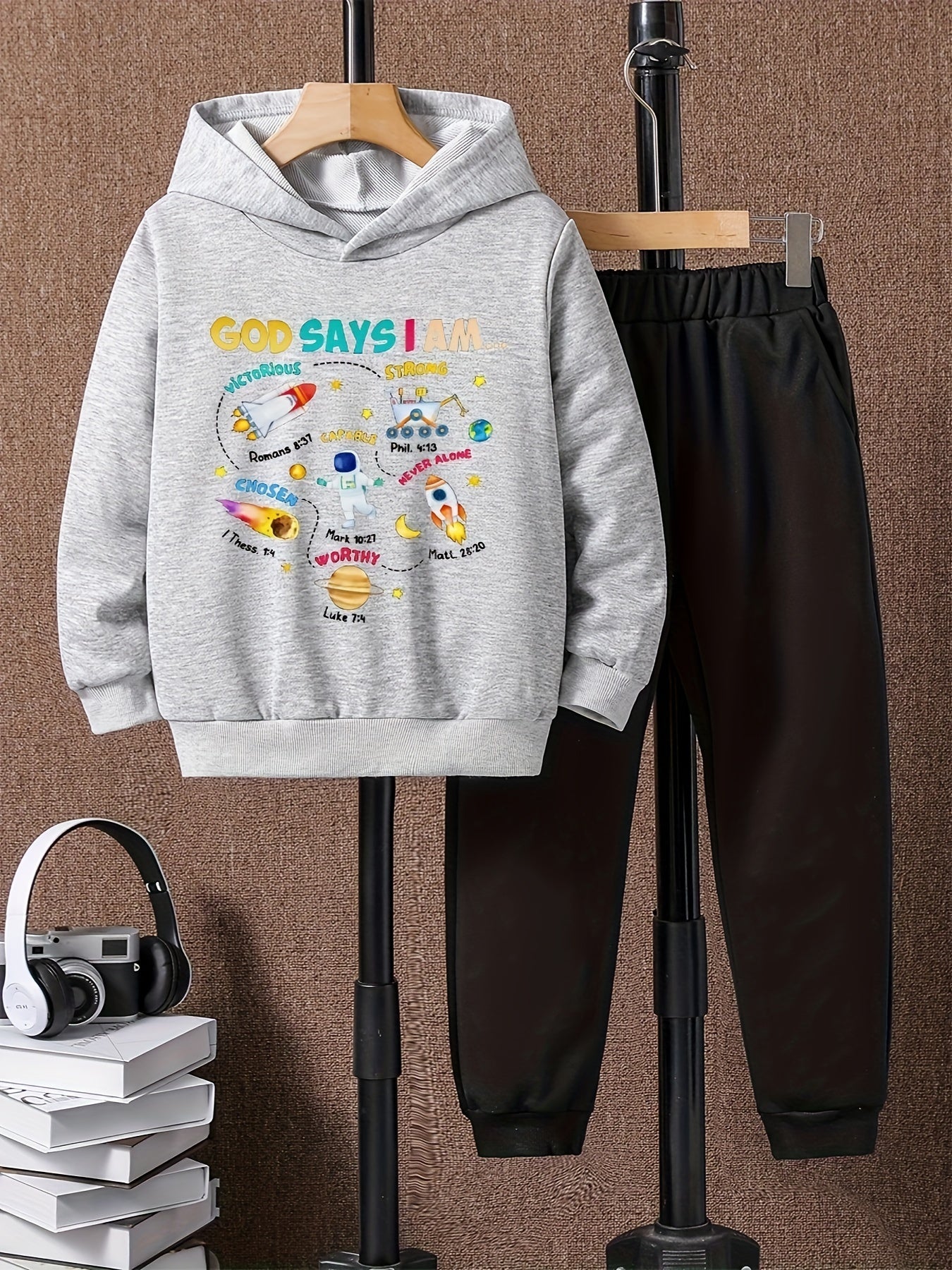 2pcs Astronaut And Planet Print Boys Hoodie Set