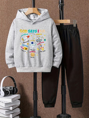 2pcs Astronaut And Planet Print Boys Hoodie Set