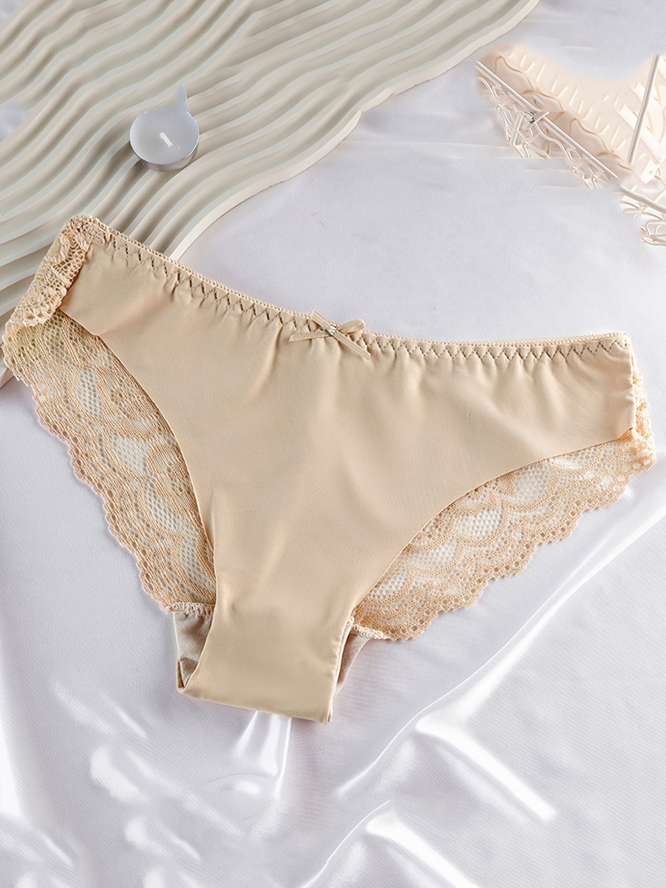 6pcs Lace Briefs Scallop Trim Bow Tie Panties Women's Lingerie