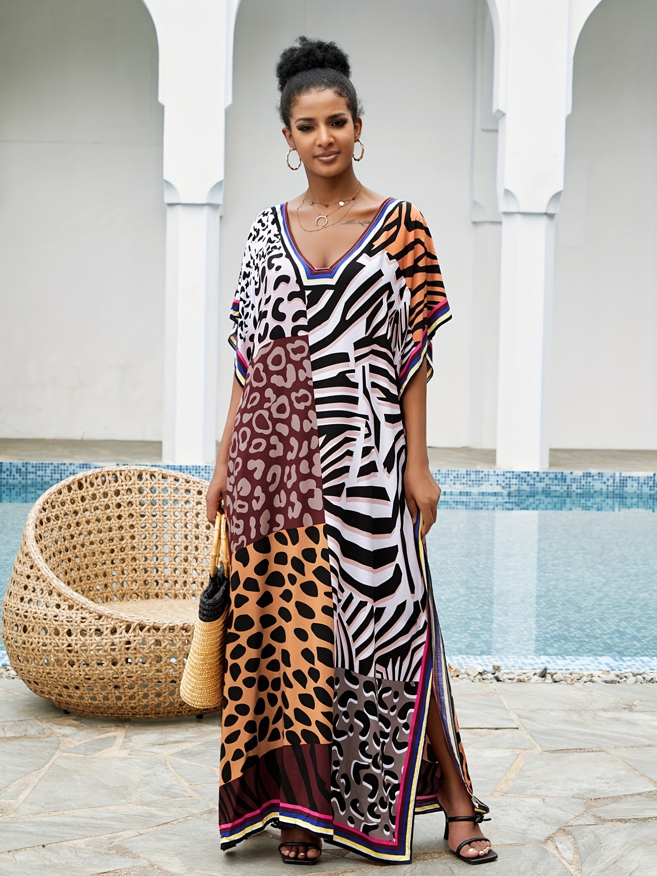 Boho Cover Up Women's Plus Leopard Print V Neck Split Dress