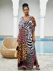 Boho Cover Up Women's Plus Leopard Print V Neck Split Dress