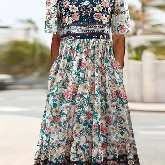 Boho Dress Colorblock Floral Print Maxi Dress With Pockets