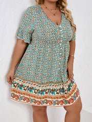 Floral & Paisley Print Short Sleeve Mini Dress Women's Plus V Neck Casual Dress