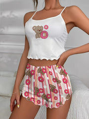 Bear Print Pajama Set Casual Cami Top & Shorts