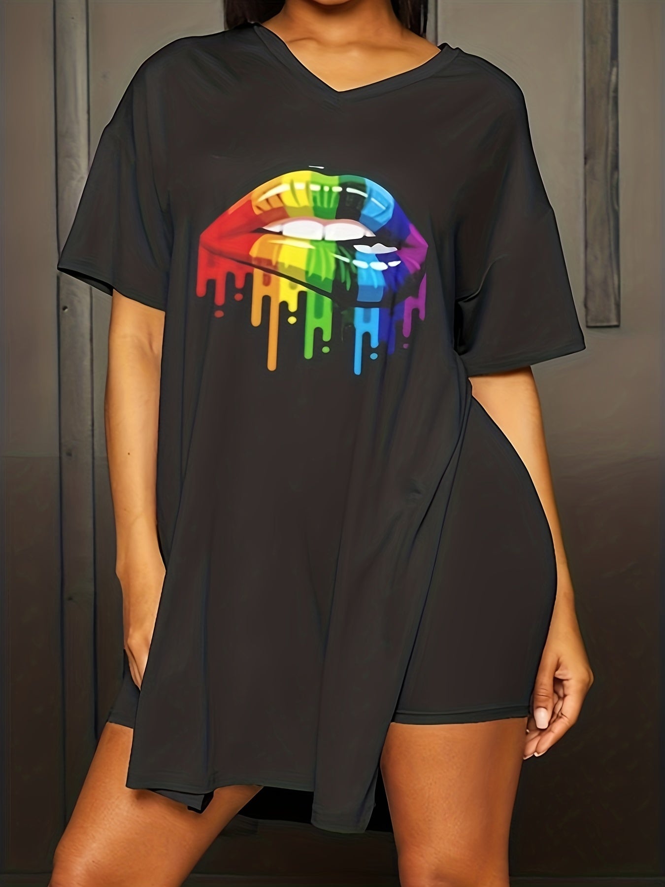 Lip Print Two piece Set Short Sleeve T shirt & Biker Shorts