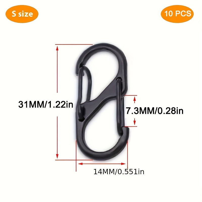 10pcs Stainless Steel S Type Carabiner Keychain Hook with Lock for Camping
