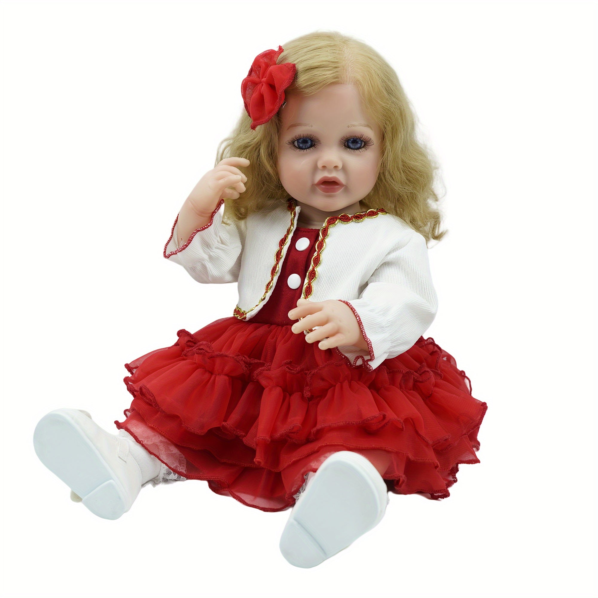22 Inch Vinyl Doll with Golden Hair and Eyes Soft Body Pink Dress