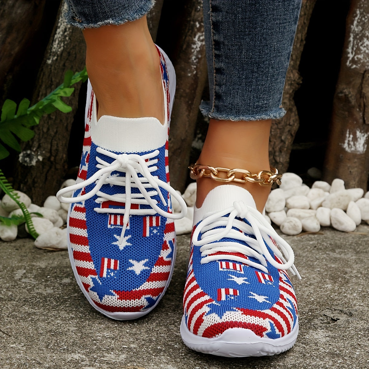 Women's Patriotic Walking Shoes Flying Woven Lace Up Flat Shoes