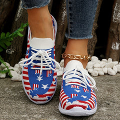 Women's Patriotic Walking Shoes Flying Woven Lace Up Flat Shoes