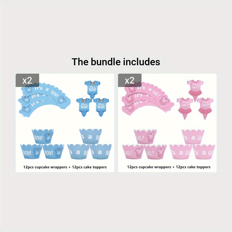 24pcs Baby Shower Cupcake Wrapper & Topper Set Gender Reveal Kids Birthdays
