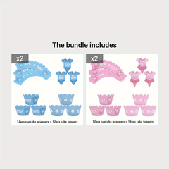 24pcs Baby Shower Cupcake Wrapper & Topper Set Gender Reveal Kids Birthdays