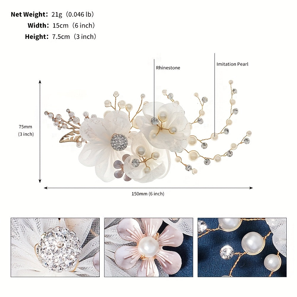 Mesh Flower Charm Hair Clip Rhinestone & Faux Pearl Decor Barrette