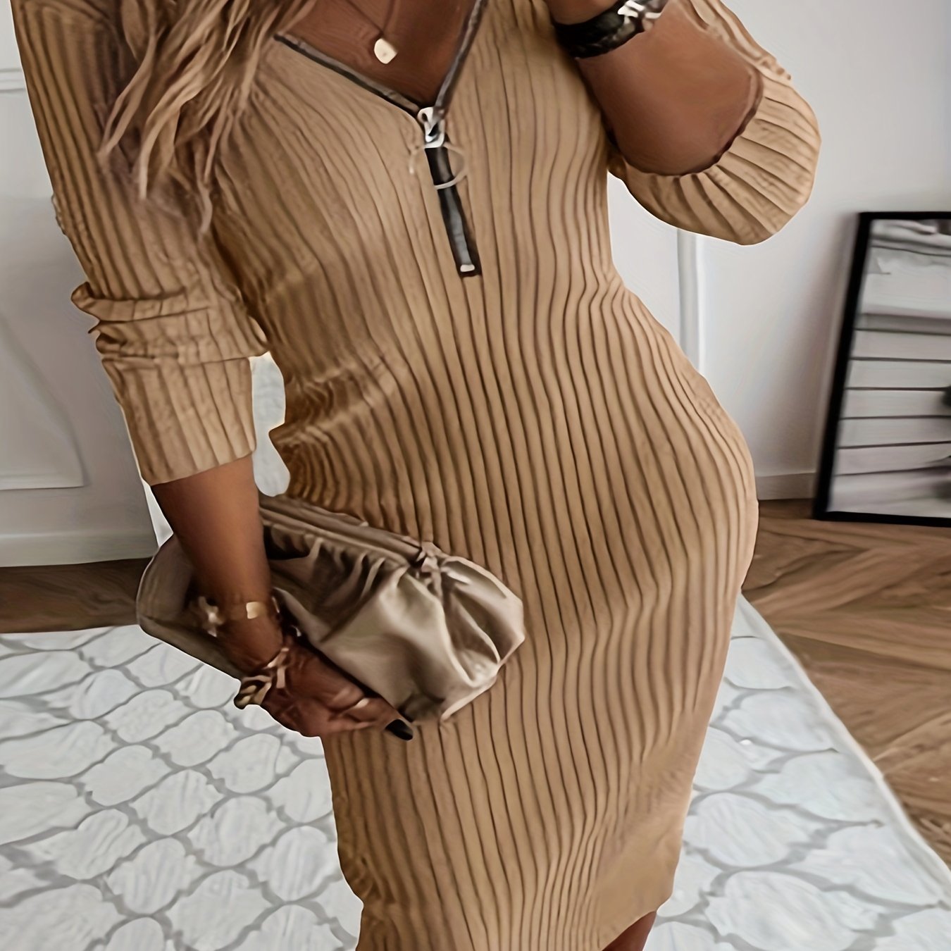 Solid Ribbed Long Sleeve Bodycon Midi Dress