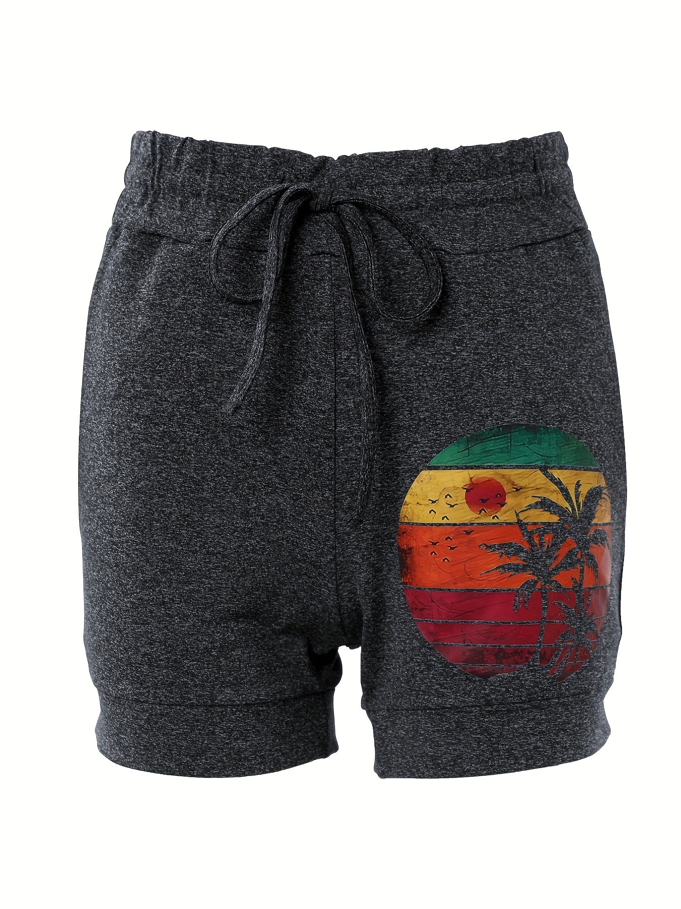 Coconut Tree & Sun Print Drawstring Shorts Spring & Summer Casual Shorts
