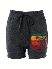 Coconut Tree & Sun Print Drawstring Shorts Spring & Summer Casual Shorts