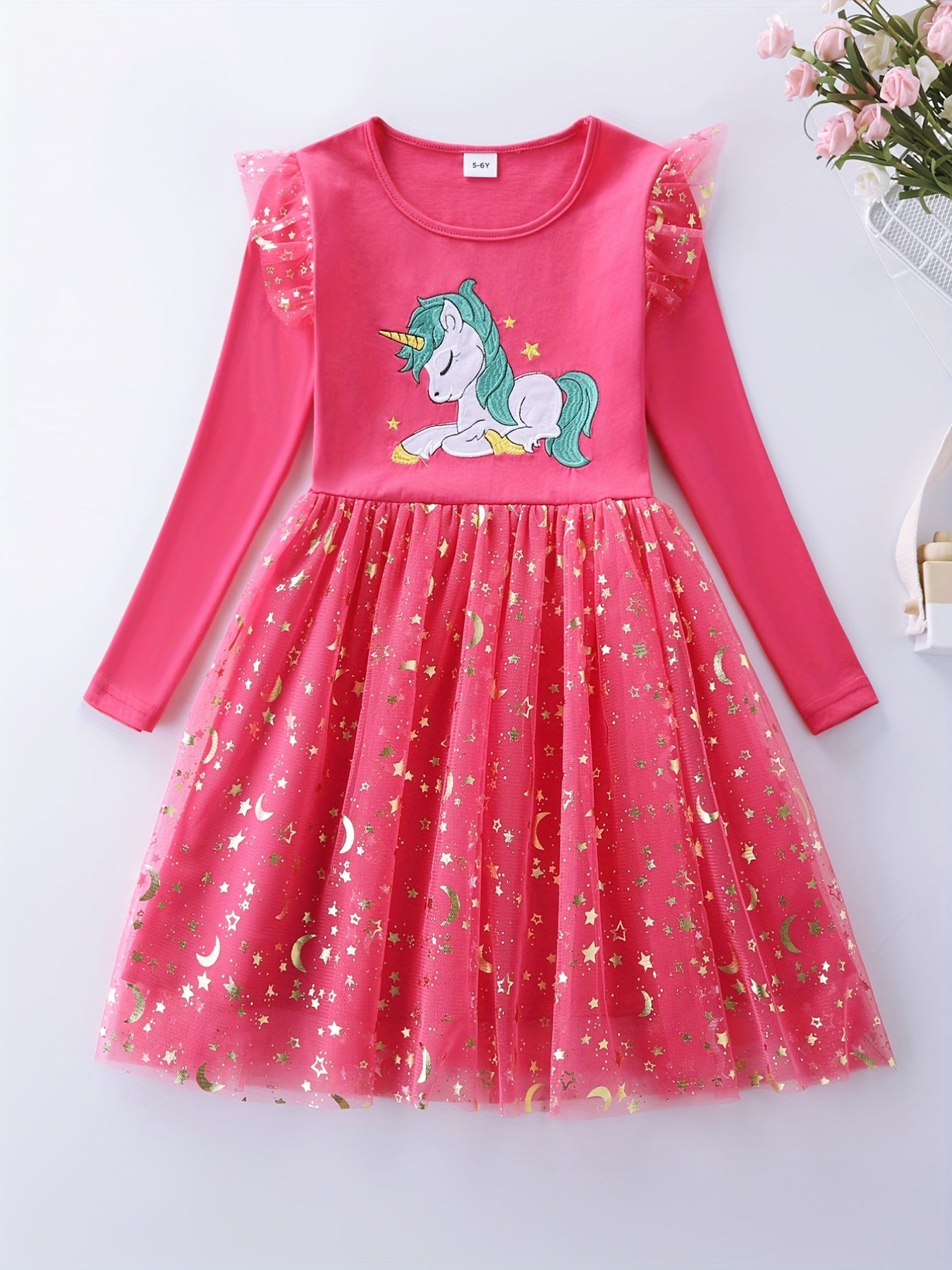 Girls' Sun & Moon Sequins Long Sleeve Princess Dress with Unicorn Embroidery