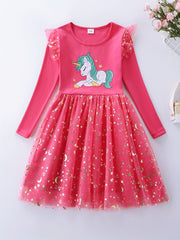 Girls' Sun & Moon Sequins Long Sleeve Princess Dress with Unicorn Embroidery