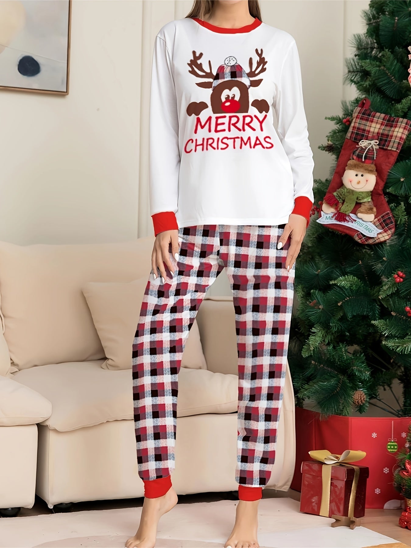Christmas Pajamas Set Women's Elk Print Tee & Plaid Pants
