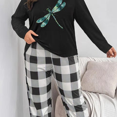 Dragonfly Print Tee & Plaid Pants Lounge Set