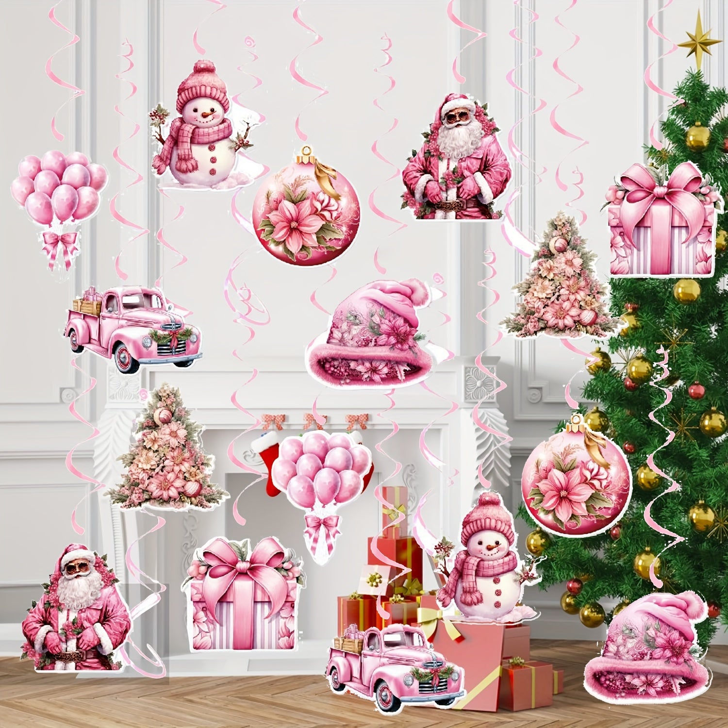 18pcs Pink Hanging Swirl Paper Santa Claus Decorations With Hooks