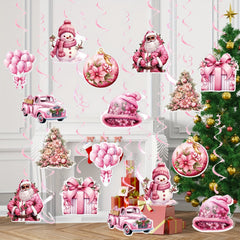 18pcs Pink Hanging Swirl Paper Santa Claus Decorations With Hooks