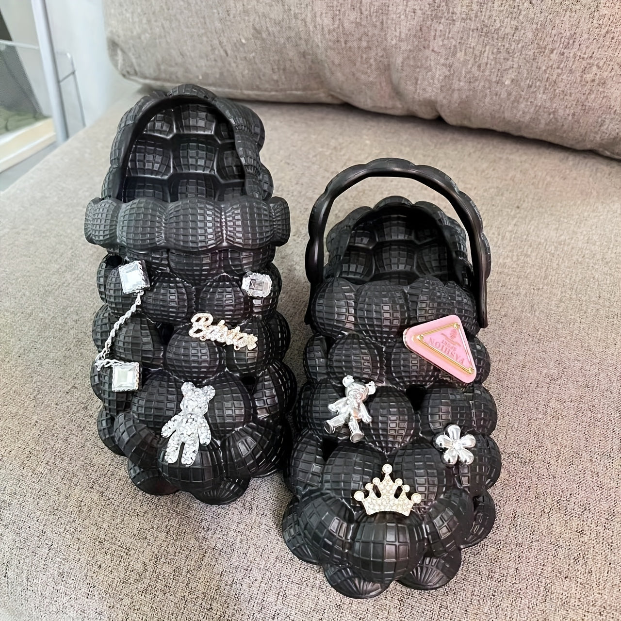 Women's Lychee Bubble Clogs Bear Chain Accessaries Closed Toe Slide Shoes