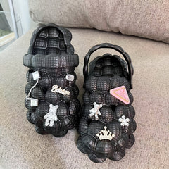 Women's Lychee Bubble Clogs Bear Chain Accessaries Closed Toe Slide Shoes